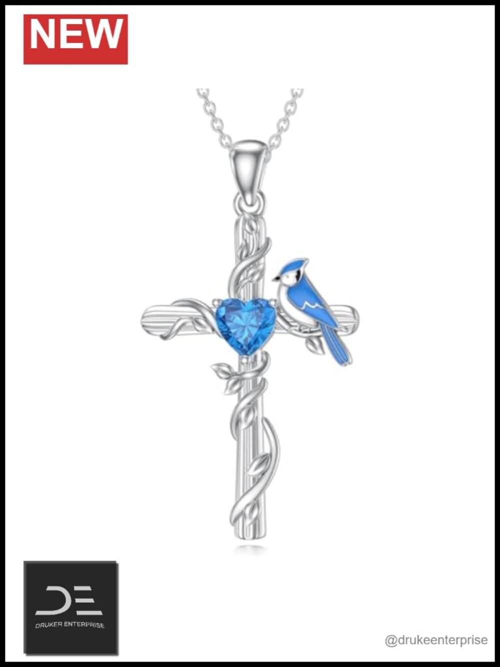 925 Sterling Silver Blue Jay Cross Pendant Necklace with Natural Topaz
